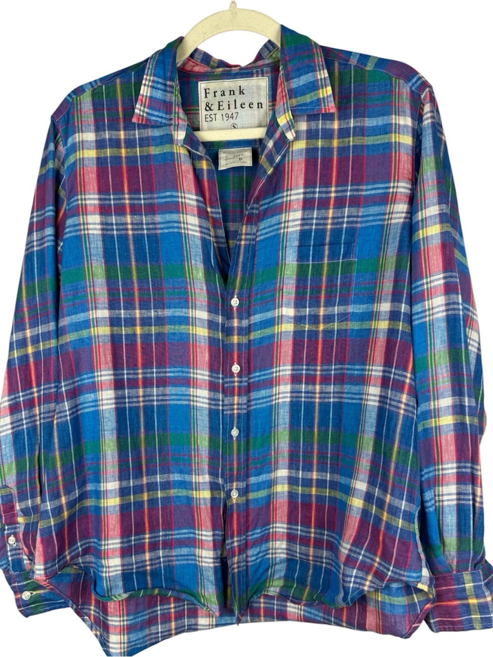 Frank & Eileen Eileen Linen Plaid Button Down Shirt Size S Italian Fabric Multi